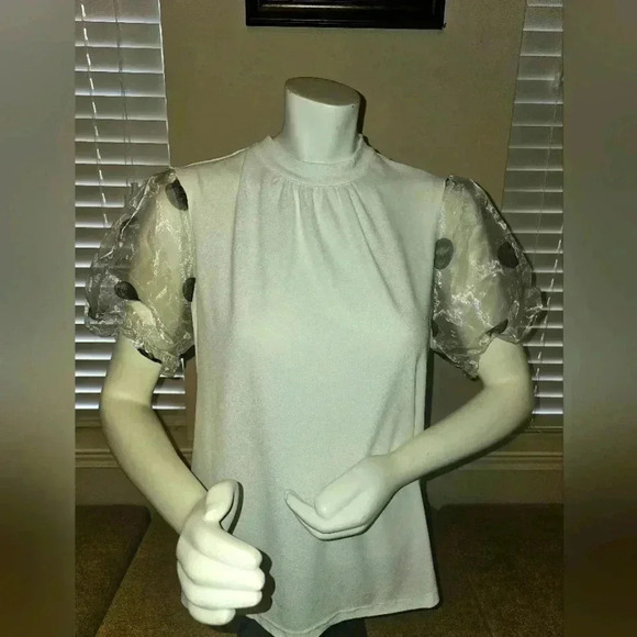 Luxology Tops - Luxology size M White blouse sheer puff sleeves with polka dots.